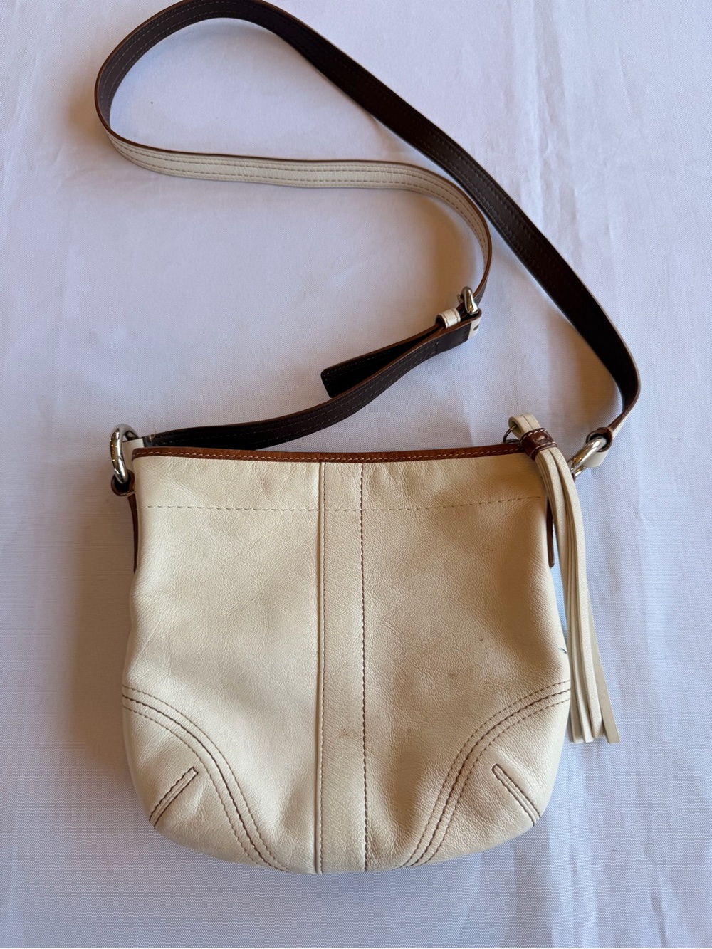 Vintage Coach Legacy Small Cream and Brown Leather Crossbody with Tassel